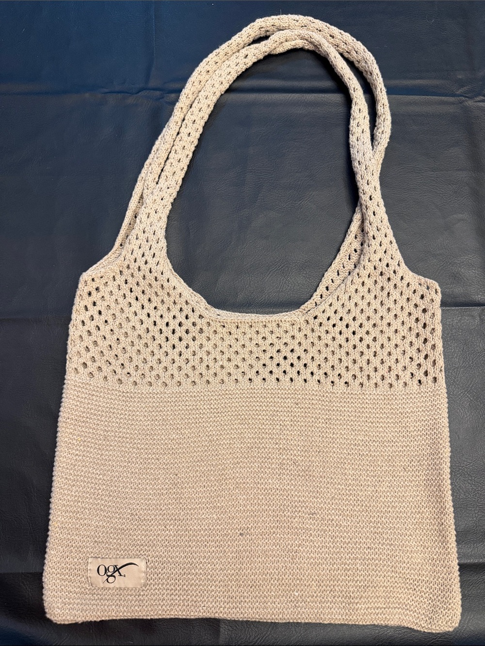 Neutral Knit Tote Bag with Crochet Detail